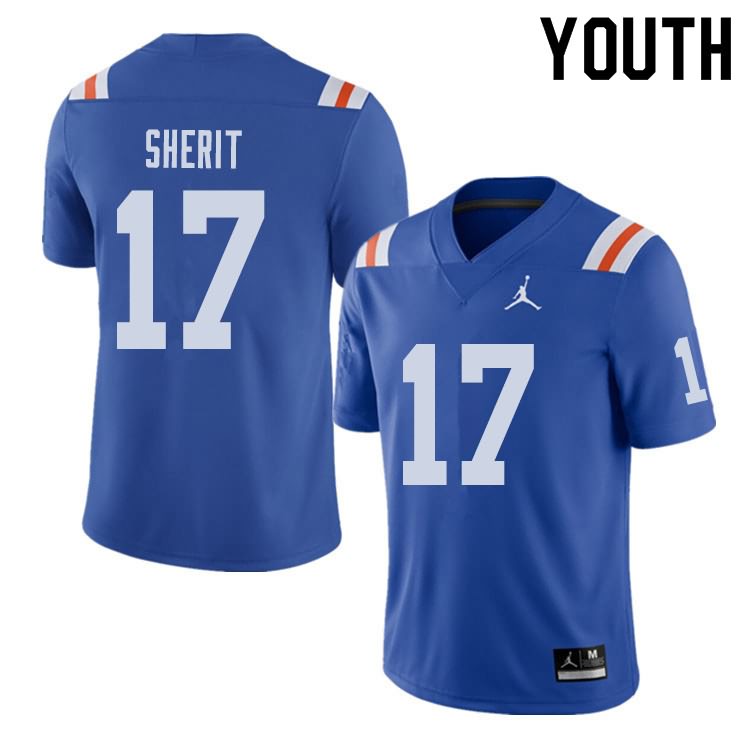 Youth NCAA Florida Gators Jordan Sherit #17 Stitched Authentic Alternate Jordan Brand Royal Throwback College Football Jersey FIS8265WK